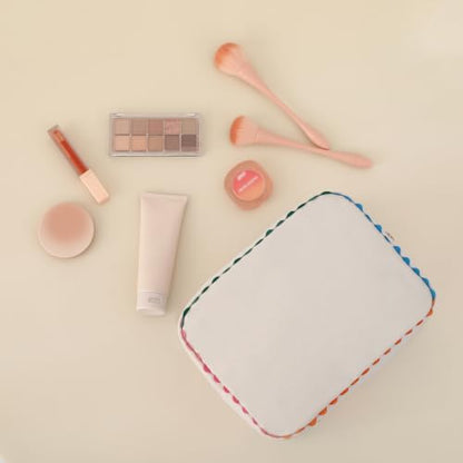 Canvas Makeup Bag for Women | Rainbow Rick Rack Trim,Mahjong Tile Travel Toiletry Organizer,Everyday Use, Beach and Gift for Girlfriend - color: Natural+Rainbow