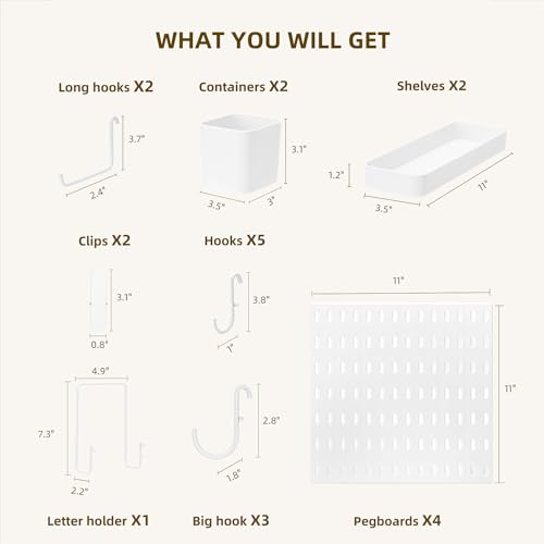 VUSIGN Pegboard Combination Wall Organizer Kit 22" x 22", White | 4 Pieces Pegboards and 17 Accessories, Wall Mount Display Peg board Panel Kits for Bedroom, Home, Office, Bathroom - color: White - 4 Pieces