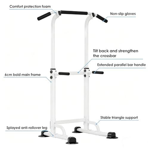 Adjustable Power Tower Pull Up Bar Dip Station, Free Standing Pull Up Rack Dip Station for Home Gym, 400LBS Capacity Height Heavy Duty Multi-Function Home Strength Training Fitness Workout Equipment - color: White
