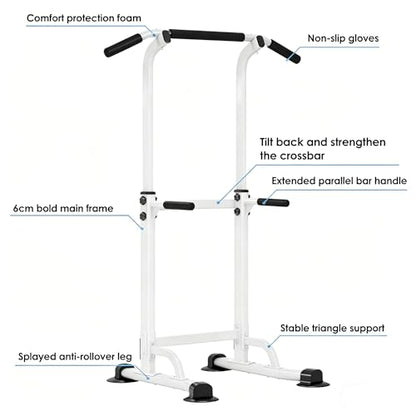 Adjustable Power Tower Pull Up Bar Dip Station, Free Standing Pull Up Rack Dip Station for Home Gym, 400LBS Capacity Height Heavy Duty Multi-Function Home Strength Training Fitness Workout Equipment - color: White