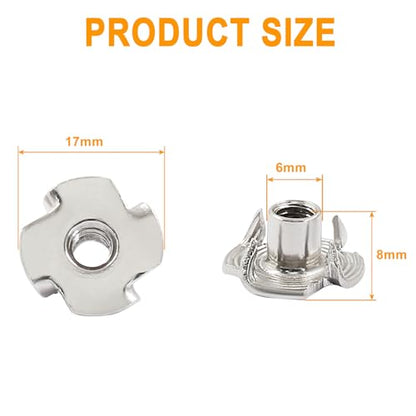 Litoexpe 50 Pcs M5 x 8mm T-Nuts, Stainless Steel Four Pronged Tee Nut for Wood, Rock Climbing Holds, Furniture