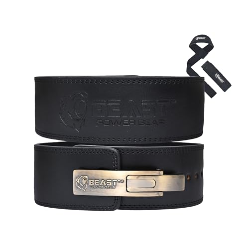 Beast Power Gear Weight Lifting 10MM 13MM Leather Lever Belt Powerlifting - Free Strap Lower Back Support for Weightlifting, Deadlifts, Squats, Power Belt - Men & Women - color: Black/Black, size: Small