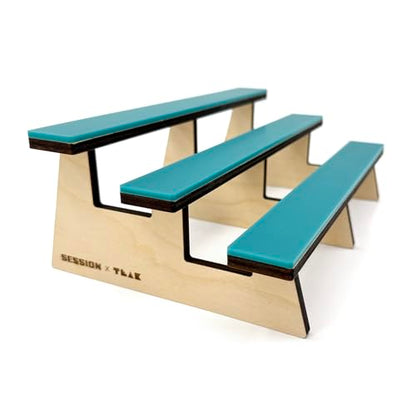 Teak Tuning x Session Wooden Fingerboard Obstacle - The Bleachers, Baltic Birch Wood with Teal Acrylic Surface, 9.75 x 6.25 x 3.5 Inches