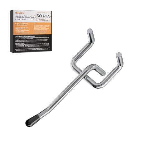 INCLY 50 Pack Pegboard Hooks, 2 Inch Metal Peg Board Hooks Accessories | Peg Board Tool Hangers, Fit for 1/8'' and 1/4" Pegboard, Hanging Tools for Garage, Craft Room, Kitchen, Store - color: Silver, size: 2 Inch