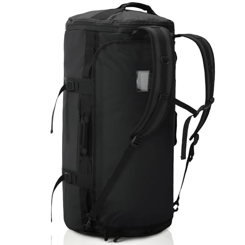 Haimont Heavy Duty Convertible Travel Duffel Backpack, Black, 90L | Shoe Compartment, Water-Resistant Tarpaulin, Wide U-Shaped Opening - color: Black, size: 90L