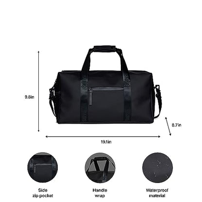 RAINS Trail Gym Bag – Waterproof Sports Duffel, Shoulder Strap, 6.9 gal | Waterproof PU gym duffel for women and men; 26 L sports bag, coated zip, mesh pocket, detachable shoulder strap
