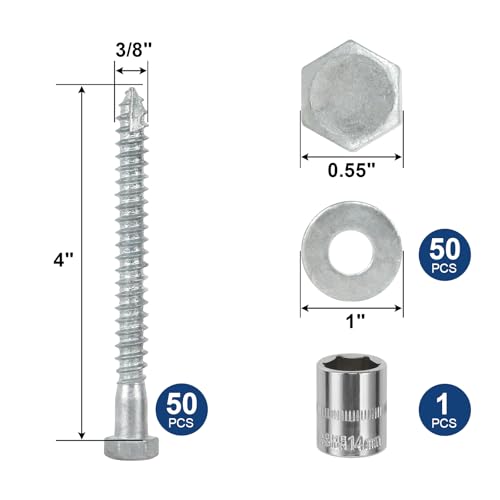 3/8" x 4" Lag Screws Bolts with Washers(50Pcs) | Hot Dip Galvanized Hex Head Lag Screws, Heavy Duty Lag Bolts for Wood, TV Mounts, Deck, Boat Repair - size: 3/8x4in