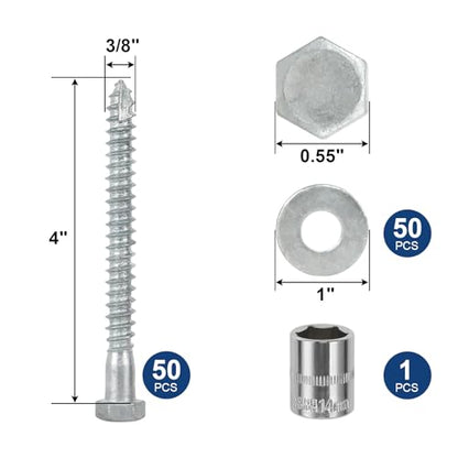 3/8" x 4" Lag Screws Bolts with Washers(50Pcs) | Hot Dip Galvanized Hex Head Lag Screws, Heavy Duty Lag Bolts for Wood, TV Mounts, Deck, Boat Repair - size: 3/8x4in