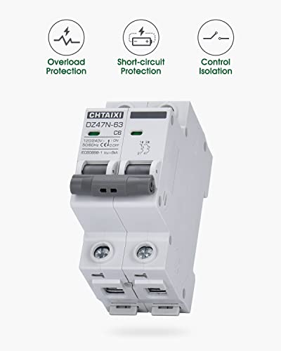AC Miniature Circuit Breaker, 6 Amp 120V/240V 2 Pole | DIN Rail Mount, Thermal Magnetic Trip, Solar AC Disconnect Switch MCB C6 - style: 6 Amp