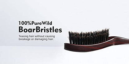 PERFEHAIR 100% Pure Boar Bristle Teasing Hair Brush with Wooden Handle, 3 Row Slim Backcombing Brush, 8.8 inch