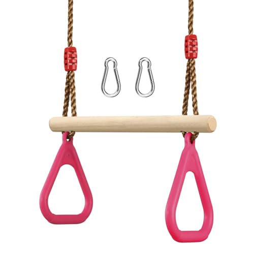PELLOR Trapeze Bar Gym Rings -Trapeze Swing Bar for Playground Wooden Swing Set with Adjustable Rope Kit Equipment for Children Adult - color: Pink