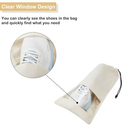 4 Pcs Single Shoe Bags for Travel, Drawstring Shoe Bags with Clear Window | 9.1"x17.7" Fits Most Shoes, Dust Resistant, Washable & Reusable, Travel Shoe Storage Bags for Men & Women - color: Beige