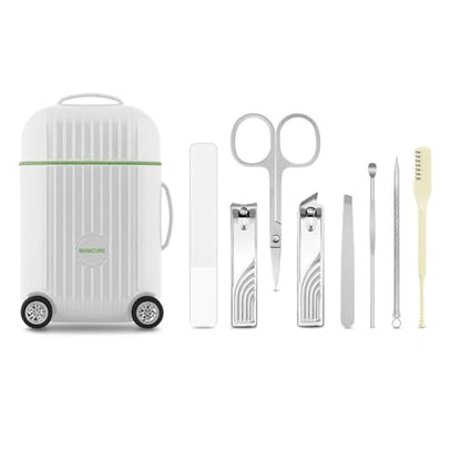 Manicure Set, 8-Piece Stainless Steel Nail Clipper Kit in Mini Travel Suitcase, Portable Grooming Tools for Men and Women (White) - color: White