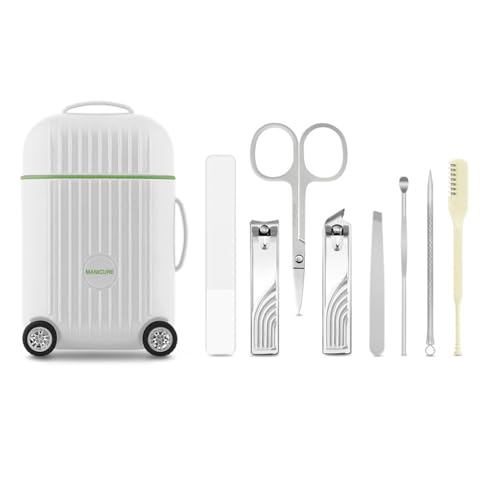 Manicure Set, 8-Piece Stainless Steel Nail Clipper Kit in Mini Travel Suitcase, Portable Grooming Tools for Men and Women (White) - color: White