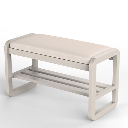 Solid Wood Shoe Rack, 2 Tier Shoe Storage Bench with Cushion Seat, 8 Pair Shoe Organizer for Entryway, White, 32 Inch - color: White, size: 31.5*14.17*16.54