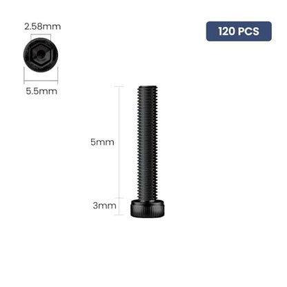 120pcs M3 x 5mm Hex Socket Head Cap Screws Bolts, 12.9 Grade Alloy Steel, Black Oxide Finish, Allen Socket Drive, Full Threads,with Hex Spanner - size: M3 x 5mm