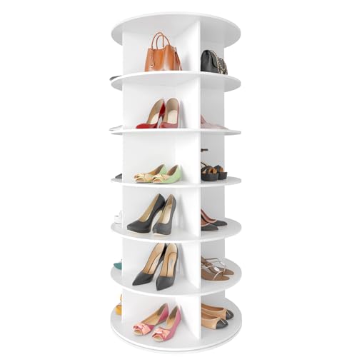 SpaceAid 6 Tier Rotating Shoe Rack Tower, Spinning Shoe Display Lazy Susan, Revolving 360 Shoe Rack Storage Round Carousel, Vertical Handbag Rotate Shoes Closet Organization (6-Tier White) - color: White, size: 6 Tier (23.2"W x 54.2"H)