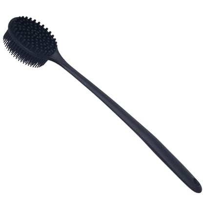 DNC Back Scrubber for Shower Soft Silicone Bath Body Brush with Long Handle (Black) - color: Black
