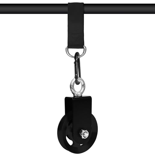 LFJ Aluminum Alloy Cable Pulley with Swing Strap Carabiner, 90mm Pulley Wheel for LAT Pulley System DIY Pull Down Attachment,Ladder Lift,Home Gym Equipment - color: Black-2Pack