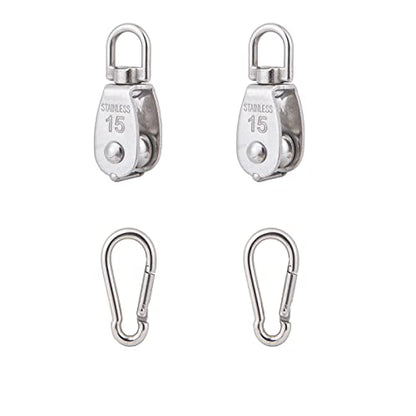 2X 304 Stainless Steel M15 Single Swivel Rope Pulley Blocks with Snap Hooks | 360° anti-twist swivel pulley. For lifting, towing & hanging wire rope on crane/outdoor. Has spring snap hooks for fast fit - size: M15-2pcs
