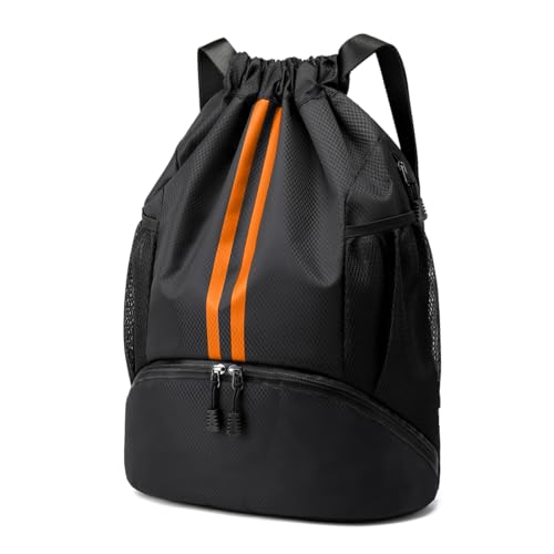Hoedia Sports Drawstring Backpack - Swim Gym Bag for Women and Men | String Bag with Shoes Compartment and Wet Proof Pocket, Adjustable Wider Shoulder Strap, For Soccer, Basketabll, Volleyball - color: Black Orange, size: Large
