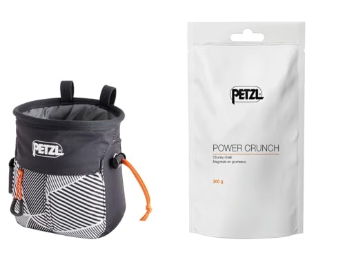 Petzl SAKAPOCHE Rock Climbing Chalk Bag | Ergonomic Chalk Pouch with Zippered Pocket for Gym, Sport, & Trad Climbing - color: Black Dazzle + 300g Powder Crunch Chalk