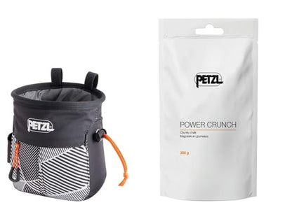 Petzl SAKAPOCHE Rock Climbing Chalk Bag | Ergonomic Chalk Pouch with Zippered Pocket for Gym, Sport, & Trad Climbing - color: Black Dazzle + 300g Powder Crunch Chalk