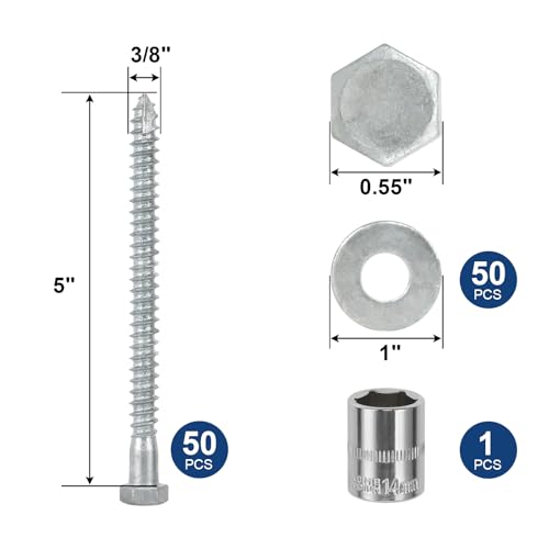 3/8" x 5" Lag Screws Bolts with Washers(50Pcs) | Hot Dip Galvanized Hex Head Lag Screws, Heavy Duty Lag Bolts for Wood, TV Mounts, Deck, Boat Repair - size: 3/8x5in