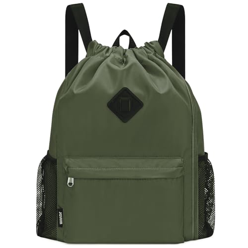 WANDF Drawstring Backpack with Shoe Compartment, Sports Gym Bag | Multi-Pocket Storage, Water-Resistant Fabric, Cinch String Bag - color: L, Dark Green, size: Large