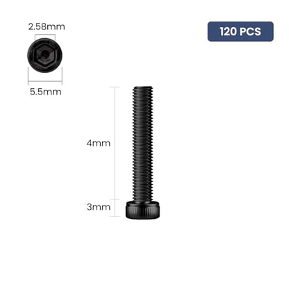 120pcs M3 x 4mm Hex Socket Head Cap Screws Bolts, 12.9 Grade Alloy Steel, Black Oxide Finish, Allen Socket Drive, Full Threads,with Hex Spanner - size: M3 x 4mm