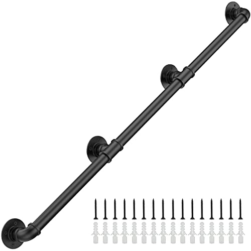 11.4FT Industrial Stair Railing Wall Mount Staircase Handrail φ1.3 Pipe Hand Rail for Steps Grab Bar Foot Rail Vintage Pipe Railing Black Deck Handrail for Outdoor Indoor Stairs Porch - size: 11.4FT