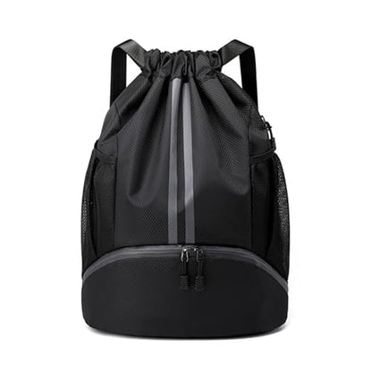 Valleycomfy Sports Drawstring Backpack - Water Resistant String Bag Black | with Side Mesh Pockets Shoe Compartment Gym Backpack for Women & Men - color: A-black