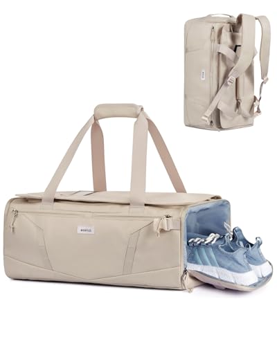 ECOHUB 40L Gym Bag for Women Men Water Resistant Sports Duffle Bag with Shoe Compartment & Wet Pocket, Travel Weekender Camping Backpack - color: Beige