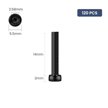 120pcs M3 x 14mm Hex Socket Head Cap Screws Bolts, 12.9 Grade Alloy Steel, Black Oxide Finish, Allen Socket Drive, Full Threads,with Hex Spanner - size: M3 x 14mm