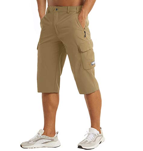MAGCOMSEN Men's Workout Gym Shorts Quick Dry 3/4 Capri Pants Zipper Pockets Hiking Athletic Running Shorts - color: Khaki, size: 32
