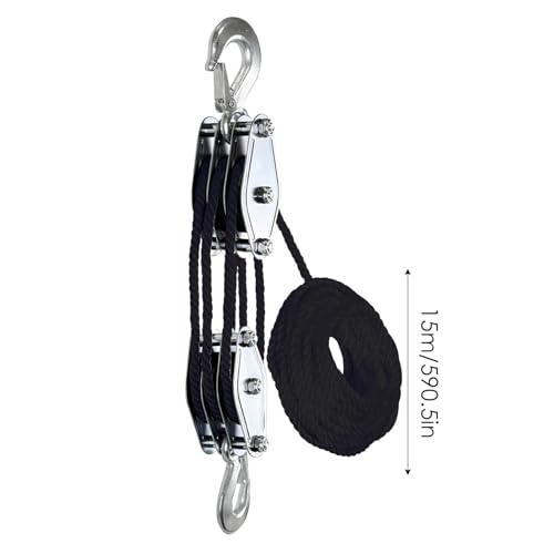 Rope Pulley Hoist Multifunctional 2200 LBS Breaking Strength | 3/8 Rope for Lifting Hoisting Rigging Garage Shop Hunting Farm Construction Industrial Warehouse Marine Overhead Recovery - color: Black.