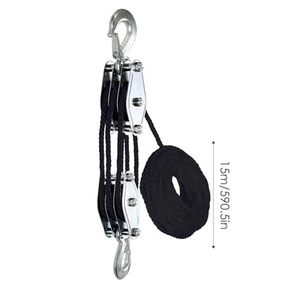Rope Pulley Hoist Multifunctional 2200 LBS Breaking Strength | 3/8 Rope for Lifting Hoisting Rigging Garage Shop Hunting Farm Construction Industrial Warehouse Marine Overhead Recovery - color: Black.