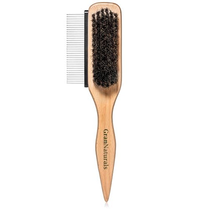 GranNaturals Boar Bristle Slick Back Hair Brush w/ Comb for Smoothing Sleek Ponytail Bun - Wide Rat Tail & Metal Comb Hairbrush for Parting, Teasing, Backcombing, Sectioning, Edge Control, Flyaways