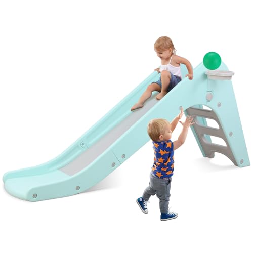 Toddler Indoor Slide, Foldable Baby Climber Playset with Basketball & Hoop | 63 in Extra Long Slope, Non-Slip Steps, Sturdy Plastic, Outdoor Playground for Backyard, Home & Playroom Use, Robin Egg Blue - color: Robin Egg Blue