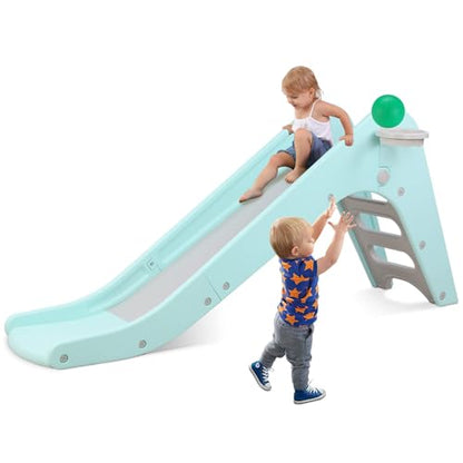 Toddler Indoor Slide, Foldable Baby Climber Playset with Basketball & Hoop | 63 in Extra Long Slope, Non-Slip Steps, Sturdy Plastic, Outdoor Playground for Backyard, Home & Playroom Use, Robin Egg Blue - color: Robin Egg Blue