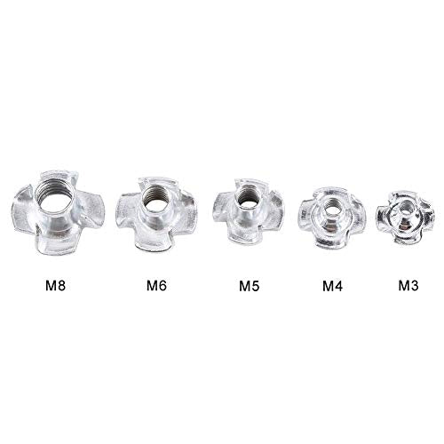 Four-Pronged T Nut Kit, 90pcs Carbon Steel M3/M4/M5/M6/M8 Four Pronged T Nuts Blind Inserts Nut Four Claw Nuts Assortment Kit for Wood Furniture Rock Climbing Holds Cabinetry