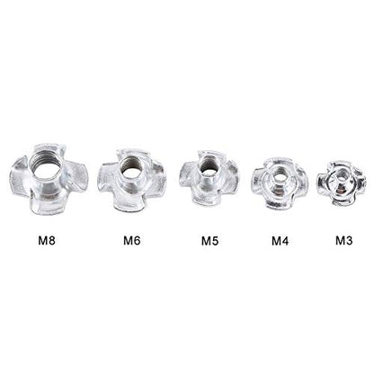 Four-Pronged T Nut Kit, 90pcs Carbon Steel M3/M4/M5/M6/M8 Four Pronged T Nuts Blind Inserts Nut Four Claw Nuts Assortment Kit for Wood Furniture Rock Climbing Holds Cabinetry