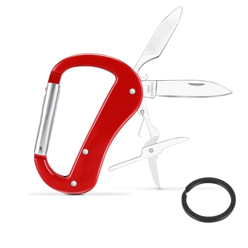 Multitool Carabiner with Pocket Knife, Stocking Stuffers Gifts for Men,Bottle Opener,Nail file,Small Scissors,EDC Carabiners Keychain,Survival Gear for Camping Hiking,Gifts(Red) - color: Red