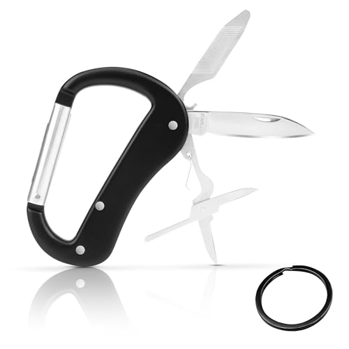 Multitool Carabiner with Pocket Knife, Stocking Stuffers Gifts for Men,Bottle Opener,Nail file,Small Scissors,EDC Carabiners Keychain,Survival Gear for Camping Hiking（Black) - color: Black