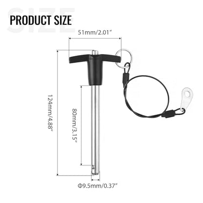 T Handle Quick Release Pin 3/8 Inch Diameter ,Stainless Steel Ball Locking Pin with Push Button Lanyard Cable Usable Length 3.15"(9.5*80mm) - size: 9.5mm-80mm
