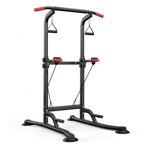 Power Tower Pull Up Bar Station, 350LBS Heavy Duty Multi-Function Alloy Steel Stable Dip Station for Home Gym Strength Training, Adjustable Height Workout Equipment with Resistance Bands