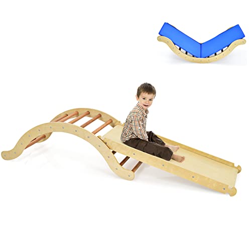 HONEY JOY Wooden Ladder Arch for Climbing, 3 in 1 Kids Climber Ladder & Rocker Board w/Cushion Pad, Toddler Climbing Toy Set for Playground, Gym & Daycare, Gift for Boys Girls(Natural) - color: Natural, size: Ladder Arch