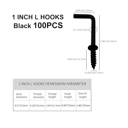 100 PCS Black 7 Shaped Right Angle Screw Hooks,1 Inch Screw in L Shaped Hooks for Hanging Lamp,Plants,Decorations,kitchenware and DIY Crafts - size: 1inch 100pcs