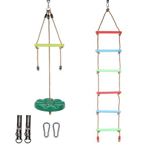 RedSwing Kids Rope Ladder & Disc Swing Combo with Monkey Bars - Outdoor Swing Set Accessory, Hanging Climbing Ladder with Strap & Snap Hook for Playground/Backyard Play Set - color: Green + Multicolor