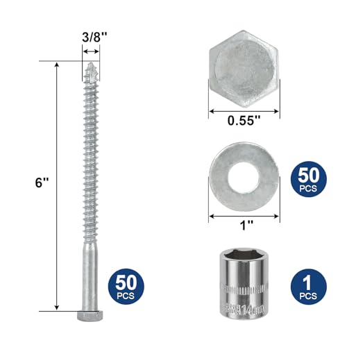 3/8" x 6" Lag Screws Bolts with Washers(50Pcs) | Hot Dip Galvanized Hex Head Lag Screws, Heavy Duty Lag Bolts for Wood, TV Mounts, Deck, Boat Repair - size: 3/8x6in